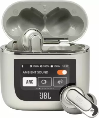 Kufje JBL Tour Pro 2 TWS pa kabllo me mikrofon, ANC adaptiv, kuti karikimi smart me ekran, Bluetooth 5.3, 40 orë, Champagne
