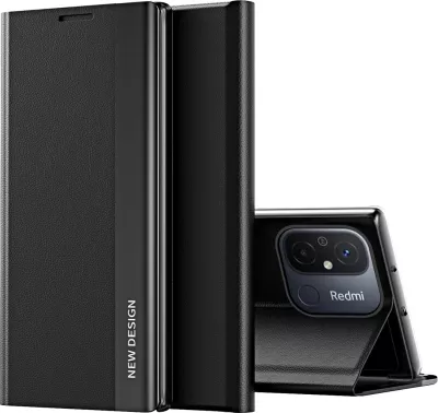 Mbështjellës Hurtel Sleep Case Pro për Xiaomi Redmi 11A / Poco C55 / Redmi 12C, me kapak dhe mbajtëse, e zezë