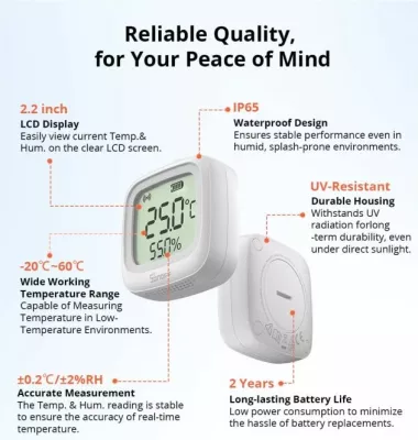 Sensor i mençur temperature dhe lagështie SONOFF SNZB-02WD, Zigbee 3.0, LCD 2.2\", IP65, i bardhë