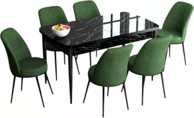Set tavoline me karrige për ngrënie, i zgjatshëm, 7 pjesë, Skye Decor, Han, mermer i zi, karrige ngjyrë kaki
