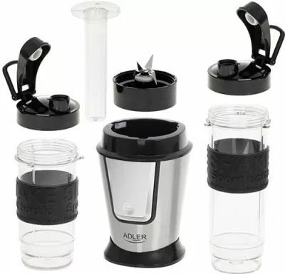 blender sportiv ADLER AD 4081, 570 ml + 400 ml, Tritan BPA-free, 4 tehe inox, argjend/zezë, set 2 shishe