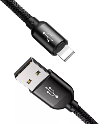 Kabllo 3-në-1 Baseus Three Primary Colors CAMLT-BSY01, 0.3m, USB-A në micro USB/Lightning/USB-C, e zezë, e kuqe, e kaltër