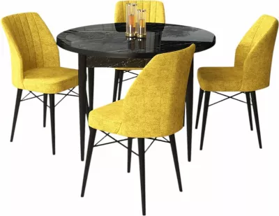 Set tavoline me karrige për ngrënie (5 copë), Skye Decor, Rox, mermer i zi, karrige mustard