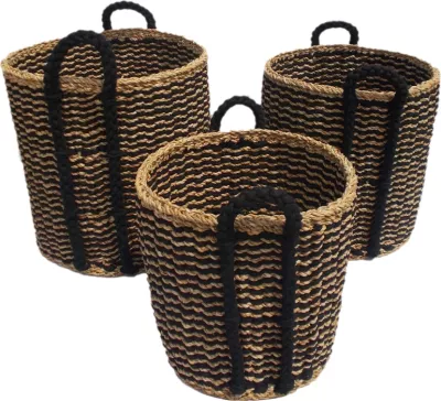Set shporta DURUK 3 copë, 45x45x45cm, kashtë deti, litar hogla, natyrale/zi