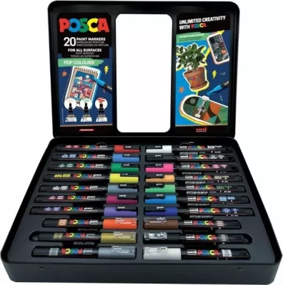 Set markerë dekorativ Uni Posca GIFT METAL TIN, 20 copë (6x PC-1MC, 7x PC-3M, 7x PC-5M), ngjyra të ndryshme