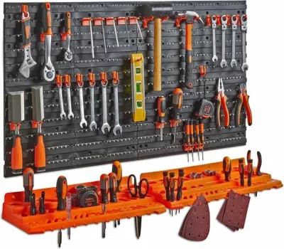 Panel organizimi veglash me rafte, VONHAUS 15/192, 2 panele muri + 2 rafte, 50 grepë, 96×54 cm, zi/portokalli