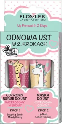 Set për buzë Floslek Vege Lip Care Renewal 2 hapa Cherry Sugar Scrub + Lemon Lip Mask për femra 2x14g