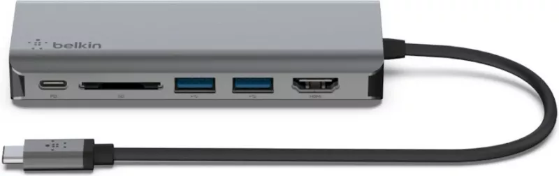 Adapter multiport Belkin AVC008BTSGY, USB-C, 100W, HDMI, RJ-45, SD, 2x USB-A, 1x USB-C, zi/gri