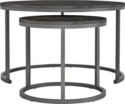 Set 2 tavolina kafeje ΗΜ8763.13, MDF efekt mermeri i zi, këmbë metalike të zeza, Φ80x48cm