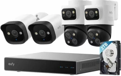 sistem monitorimi sigurie NVR PoE Anker eufy Security S4, 4 kamera (2x eufy E40 + 2x eufy S4), HDD 2TB, 8-kanal (zgjerim deri 16), 4K, bardhë/zi