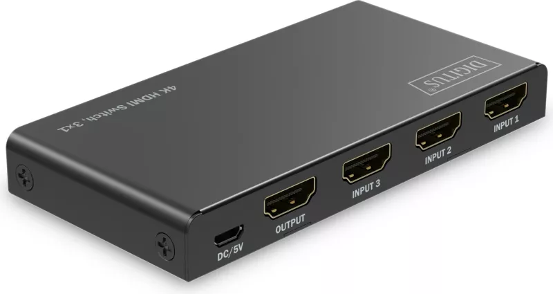 Switch HDMI Digitus 4K, 3x1, HDMI, Micro-USB, Metal, Ngjyrë e zezë