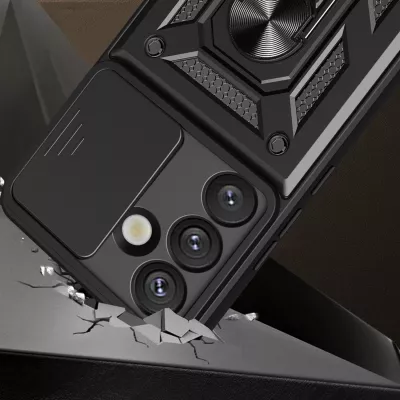 Mbështjellës Hurtel Hybrid Armor Camshield me stand dhe mbulesë kamere për OnePlus Ace Pro 5G / 10T 5G, i zi