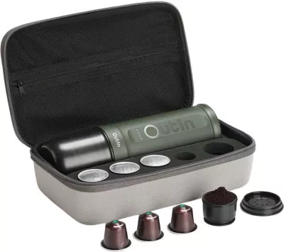 Aparat kafeje portativ espresso, OUTIN Nano A000011, 7500 mAh, 20 bar, 80 ml, kompatibil me kapsula Nespresso dhe kafe të bluar, i gjelbër, set me kuti mbrojtëse
