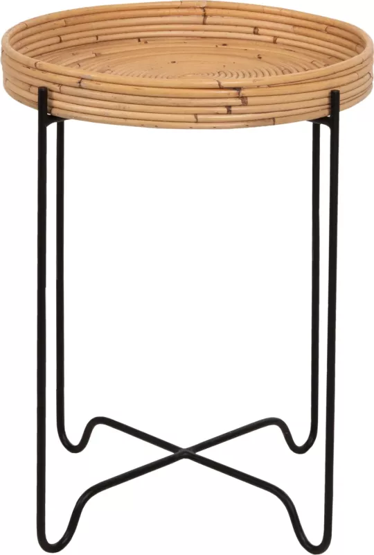 Tavolinë anësore rrethore FLY, rattan natyral, bazë metalike e zezë, Φ40x53H cm
