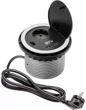 Prizë e integrume GTV AE-BPW1S2UCH-80, 1x220V + 2xUSB, Ø100mm, kabllo 1.54m, IP20, e zezë/argjendtë