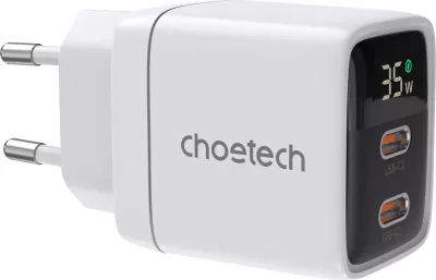 Karikues muri Choetech PD6051, 2x USB-C PD, 35W, me ekran, i bardhë