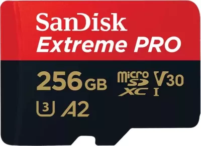 Kartelë memorie SanDisk Extreme PRO, 256 GB, MicroSDXC, Class 10, UHS-I, 200 MB/s, 140 MB/s, e zezë e kuqe