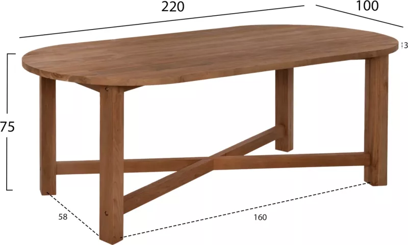 Tavolinë ngrënie KUTAI, dru TEAK i ricikluar, ngjyrë natyrale, 220x100x75H cm