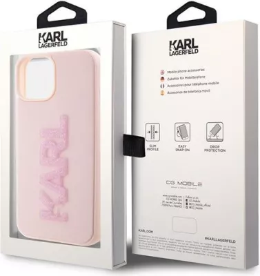 Mbështjellës Karl Lagerfeld 3D Rubber Glitter Logo për iPhone 15 Plus, rozë