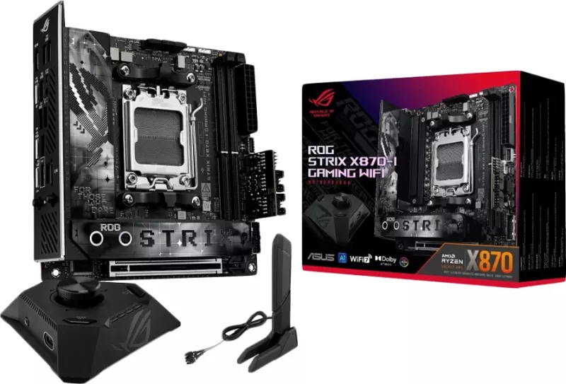 Pllakë amë ASUS ROG STRIX X870-I Gaming WiFi, AM5 Mini-ITX, DDR5, WiFi 7, 2.5GbE, 2x M.2, 2x SATA, USB4, e zezë, set me antena