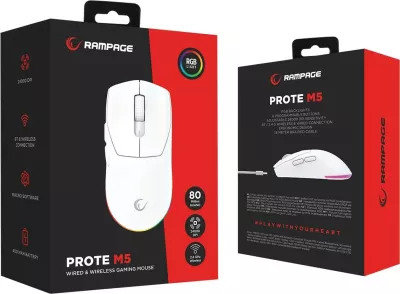 Maus Rampage Prote M5, 24000 DPI, RGB LED, wireless/wired, bardhë