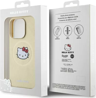 Mbështjellës Hello Kitty Leather Kitty Head MagSafe për iPhone 15 Pro Max, lëkurë artificiale, ari
