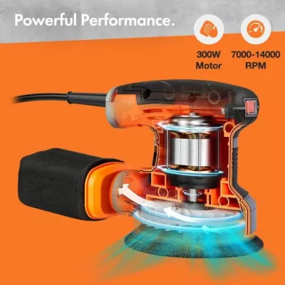 Lëmues ekscentrik VonHaus 3500323, 300 W, disk 125 mm, 6 shpejtësi 7,000–14,000 rpm, kabllo 3 m, me 12 letra zmerile + 2 thasë pluhuri, zi/portokalli/gri