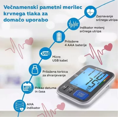 Aparat matës i tensionit të gjakut RENPHO TMB-1872, memorie 240 matje (2 përdorues), manshetë 8-16\", i bardhë, set me 4x AAA + kabllo Micro USB + çantë