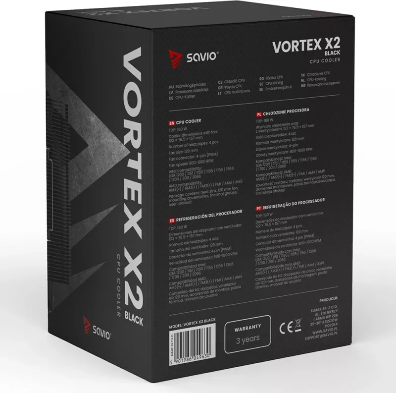 Ftohës ajri për procesor SAVIO VORTEX X2 BLACK, 12 cm, i zi