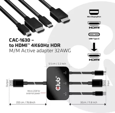 Adapter Club 3D USB-C + HDMI + Mini DisplayPort 1.2 në HDMI 4K60Hz, i zi
