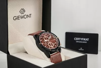 Orë dore Giewont GW8810-A3 Chronograph kuarc qelq safiri 45 mm rrip lëkure, kafe/zezë