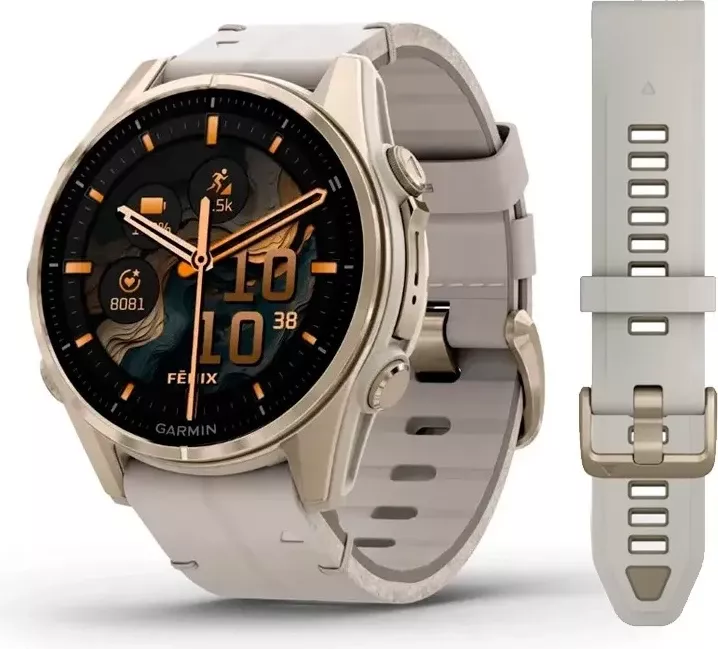 Smartwatch Garmin fēnix® 8 Sapphire AMOLED, Sapphire – Soft Gold / Limestone Strap, 43 mm