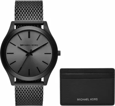 Orë dore dhe portofol kartelash Michael Kors për meshkuj, të zeza