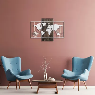 Aksesor dekorativ muri prej druri, hartë bote me busull, ngjyrë arre dhe argjend, 85x58cm