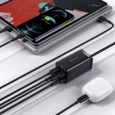 Karikues Baseus GaN3 Pro CCDK65E 65W 2x USB-C 2x USB-A me kabllo USB-C në USB-C 1m, i zi (CCGP040101)