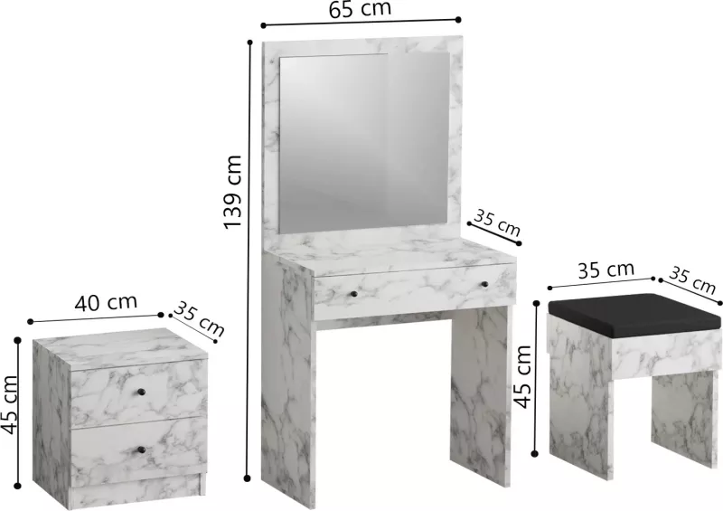 Tavolinë grimi me komodinë e karrige, ngjyrë Carrara Marble, Hanah Home, Nice