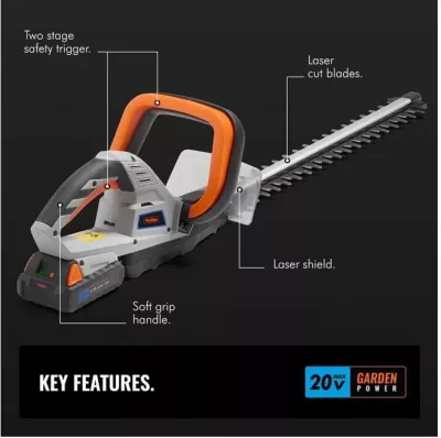 Trimer me bateri për gardh VONHAUS G-Series MPN 2515067 20V MAX 1.5Ah, teh 51 cm, prerje deri 15 mm, gri/portokalli, set me bateri+karikues+mbrojtës tehu