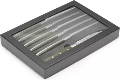 Thikë steak, OVE Corfu, teh 110 mm, çelik inoks, gjatësi totale 240 mm, dorezë Pakkawood, kafe e errët, set 6 copë me kuti dhurate