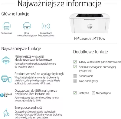 Printer Laser HP LaserJet M110w, për zyrë të vogël, në ngjyrë të bardhë