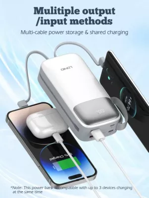 Power bank LDNIO PQ30 30000mAh 22.5W me kabllo të integrume USB-C/Lightning, 2 porta USB, e bardhë