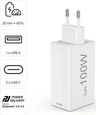 Karikues Hama mini 100W GaN PD/QC 2x USB-C, 1x USB-A bardhë