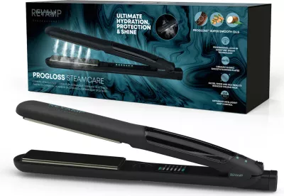 Drejtues flokësh Revamp Progloss Steamcare ST-1600, me avull, 150–230°C, pllaka qeramike, me mat silikoni