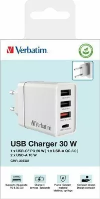 Karikues muri Verbatim CHR-30EU2 (49701) 30W, 1x USB-C PD 20W + 3x USB-A (QC 3.0 18W + 2x 10W), prizë EU, i bardhë