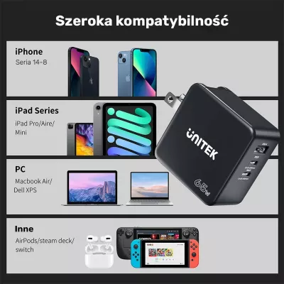 Karikues rrjeti Unitek P1117B GaN PD 65W 1x USB-A + 2x USB-C, 3.25A, i zi, set me adaptera EU/UK