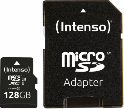 Kartelë memorje microSDXC Intenso UHS-I Professional 128GB Class 10 90MB/s, e zezë, me adapter SD