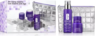 Set për kujdes të lëkurës për femra Clinique De-aging Experts me çantë kozmetike, 3 copë