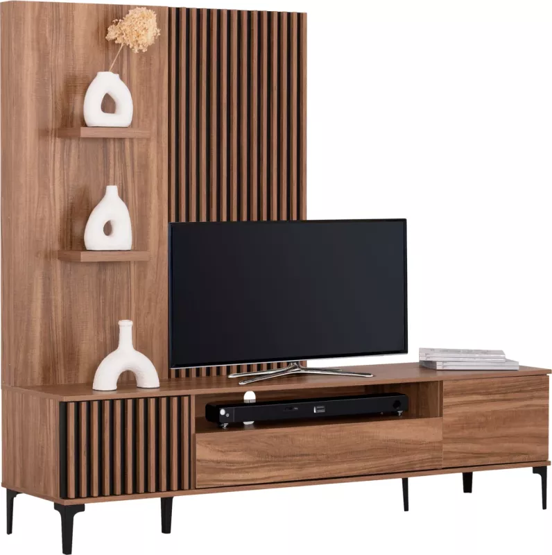 Set mobiljesh për TV, seria HARRY, ngjyrë druri natyral e zezë, FH18010.01, 205.5x40x167.5 cm.