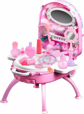 Set bukurie LeanToys Unicorn Sweet Time Vanity Case 2in1, valixhe me rrota + toaletë, 25 x 21 x 11.5 cm, rozë