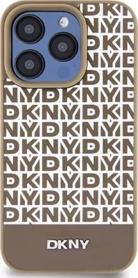 Mbështjellës DKNY Leather Printed Pattern Metal Logo MagSafe për iPhone 15 Pro, Kafe