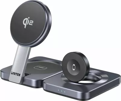 Stacion karikimi Unitek P1300AGY01 3-në-1 Qi2 15W me kabllo USB-C 1.5 m, gri